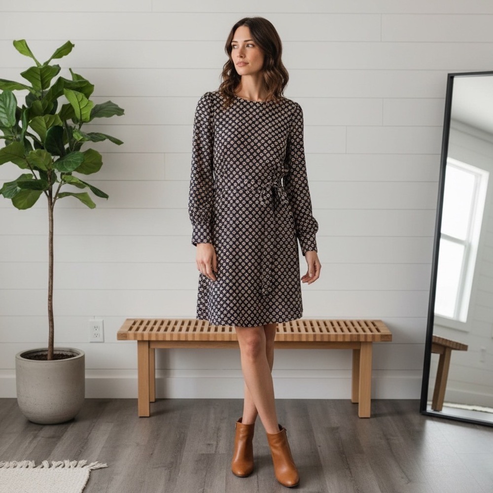 LOFT Navy Pink Floral Print‎ Belted Long Sleeve Dress Size M